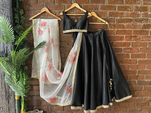 Black Raw Silk Lehenga Set with Hand Painted Dupatta - M image