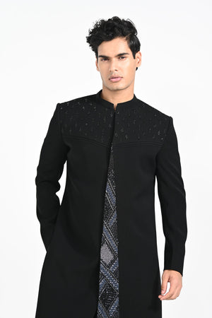 Black Panelled Achkan Set image 1