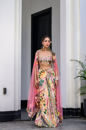 Flora Highlight Bralette Paidawn With Dhoti Skirt And Applique Cape Set image 0