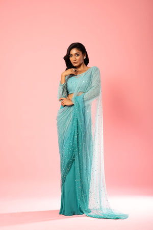Teal And Powder Blue Embroidered Saree image 2
