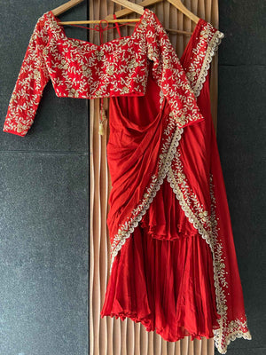 Red Ruffled Embroidered Pre-stitched Saree Set image 4