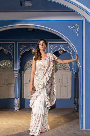 Off White Georgette Saree Set image 2