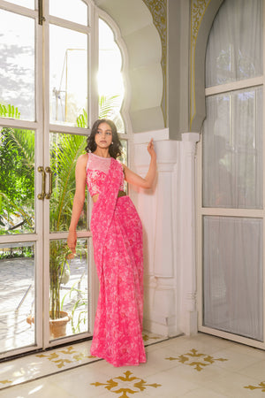 Powder Pink Pre-Drape Georgette Saree image 2