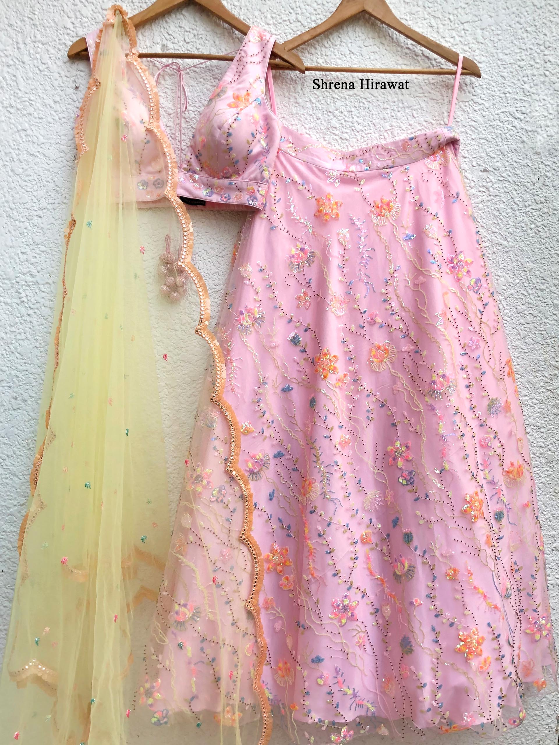 Pink Floral Multi Sequins Co-ord Set With Yellow Dupatta image 1
