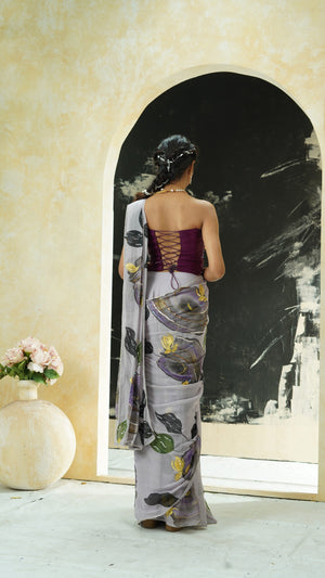 Periwinkle hand painted saree and corset set image 6