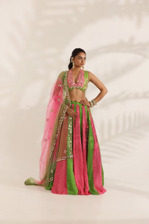 Pink and Green Bandhani Lehenga - M image