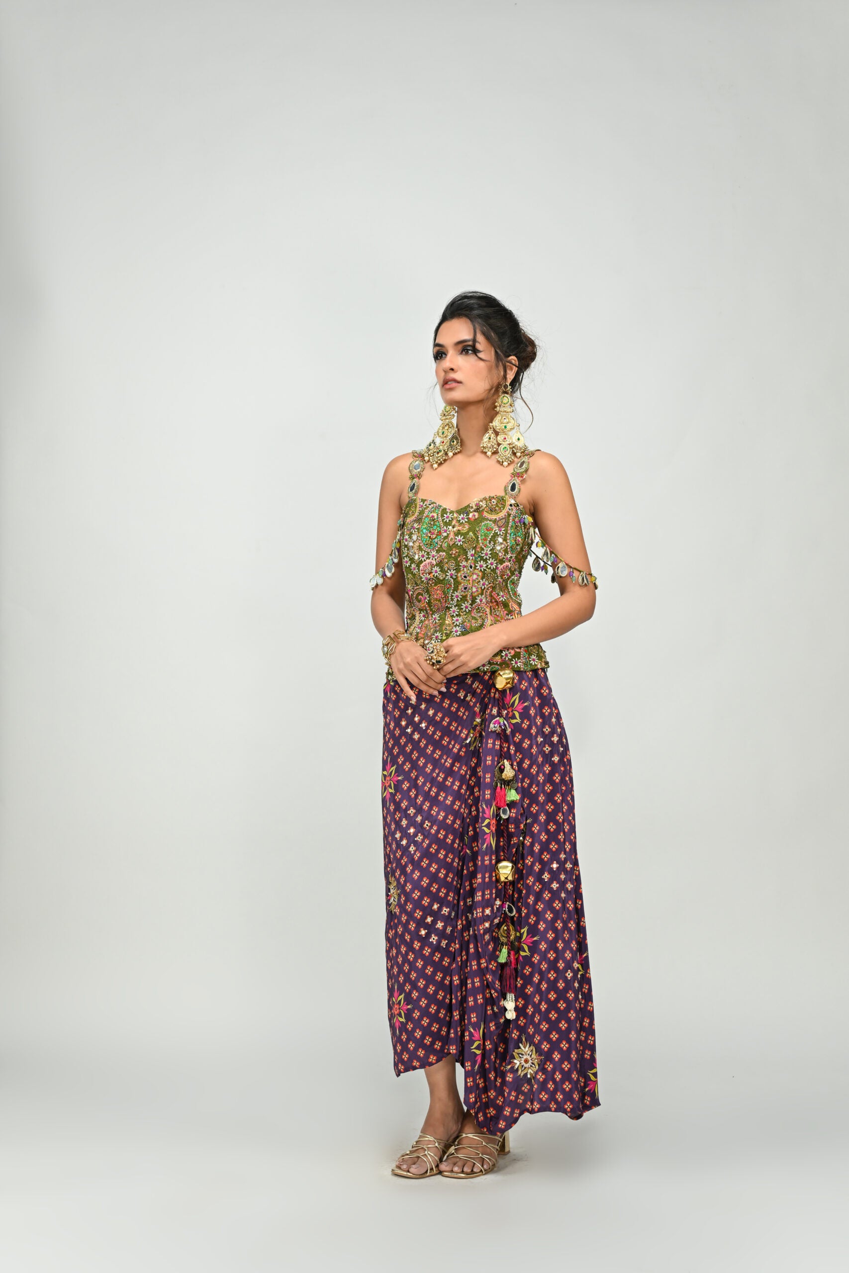 Olive Badla Embroidered Corset Paired With Embroidered Plum Dhoti Set image 1