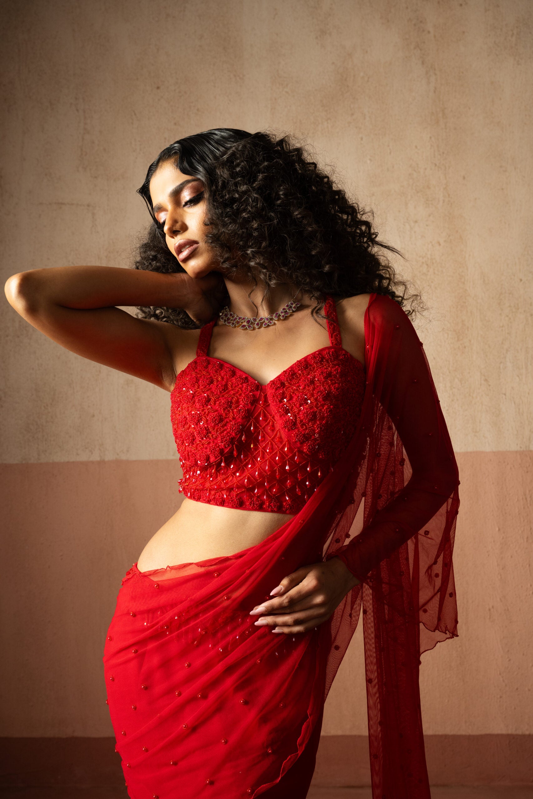 Fish Style Red & Fuschia Pink Coloured Hand Embroidered Net and Georgette Fishtail Saree image 1