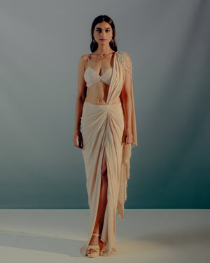 Cream Ruching Detail Saree Set - L image