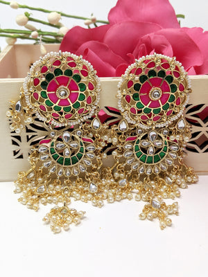 Meenakari Circle Earrings - Green and Pink image