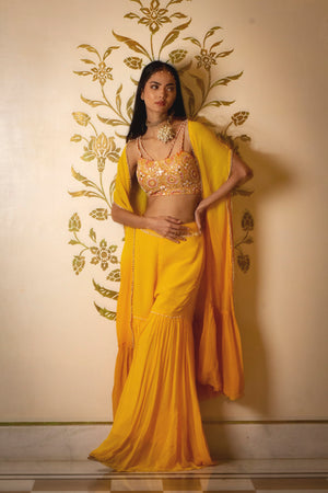 Yellow Sharara Set With Shrug image 2