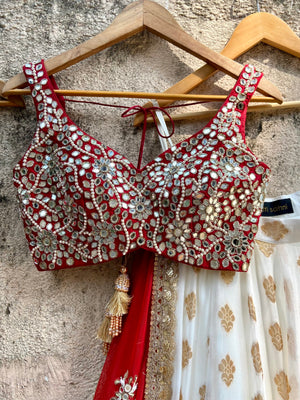 Ivory and Red Ruffle Lehenga Set image 3