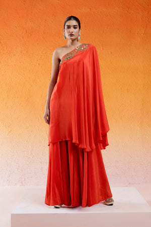 Scarlet Red One Shoulder Embroidered Dress with Flared Palazzos - M image