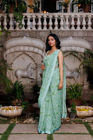 Powder Green Pre-Draped Saree image 1