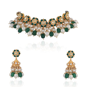 Green Emerald Beads And White Pearl Choker Set image 0