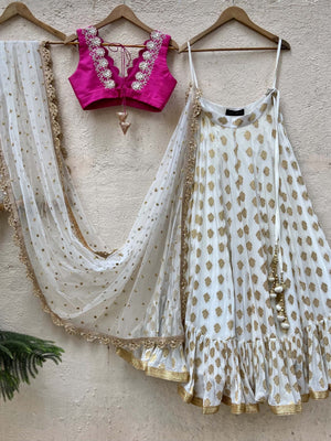 Ivory Ruffle Lehenga and Fuchsia Blouse Set image 2