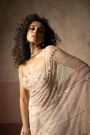 Pre Draped Baby Pink Hand Embroidered Net & Satin Saree image 2