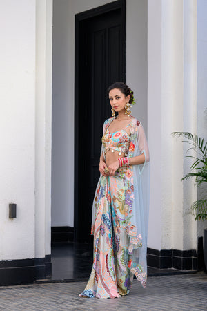 Gardenia Dhoti Skirt Set Paidawn With Highlighted Bralette With Highlighted Applique Cape image 4