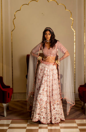 White and Peach Organza Lehenga Set image 2