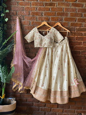 Ivory and Pink Resham and Mirror Hand Embroidered Lehenga Set image 3