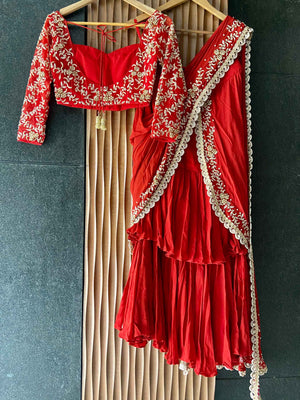 Red Ruffled Embroidered Pre-stitched Saree Set image 3