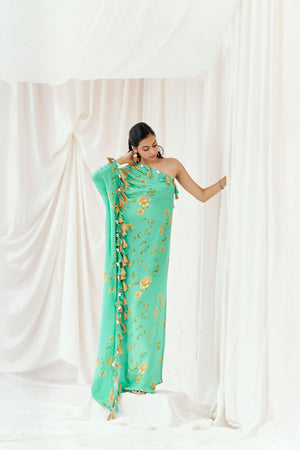 Turquoise Blue Printed Beaded Kaftan image 6
