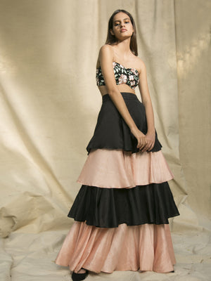 Black and Peach Bustier Embroidered Blouse with Ruffled Lehenga Set - XS image