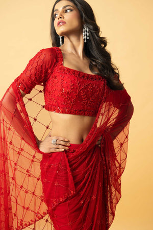Red Soft Net and Georgette Saree image 3