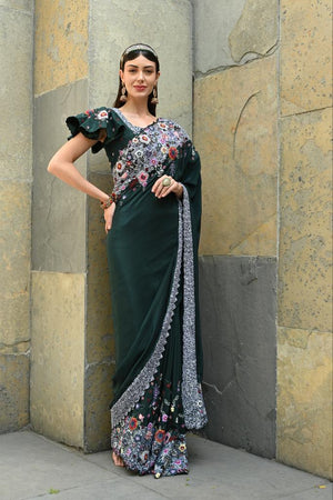 Bottle Green Embellished Saree Blouse Set image 1