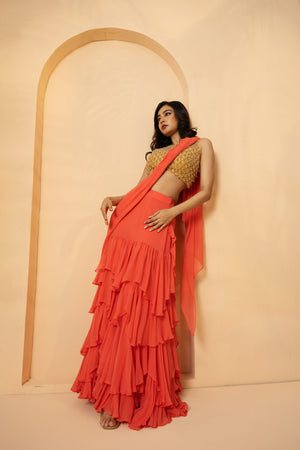 Peach Ruffle Embellished Saree image 3