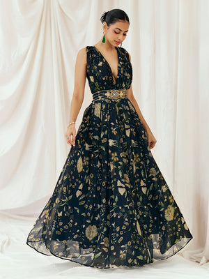 Navy Blue Printed Embroidered Gown image 2