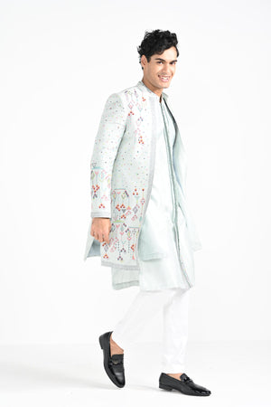 Ice Blue Multicoloured Geometric Motif Achkan Set image 6