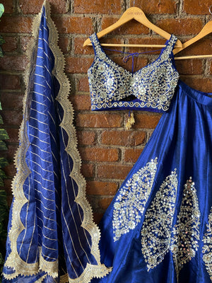 Royal Blue Raw Silk Mirror Work Lehenga Set image 5