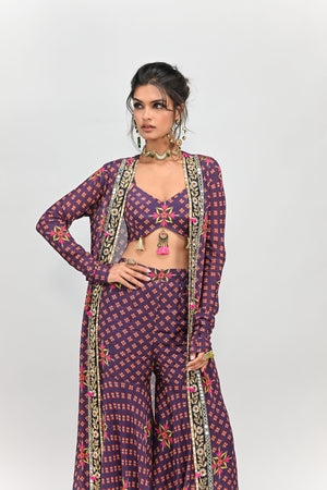 Plum Highlighted Sharara and Long Jacket Set image 2