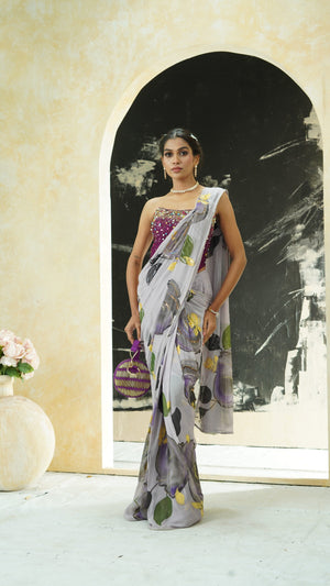 Periwinkle hand painted saree and corset set image 2