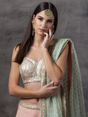 Peach Chanderi Lehenga with Gold Choli image 3