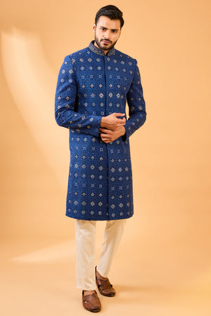 Navy Blue Embroidered Sherwani Set image 4