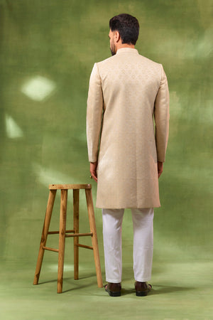 Cream Jacquard Embroidered Sherwani Set image 2