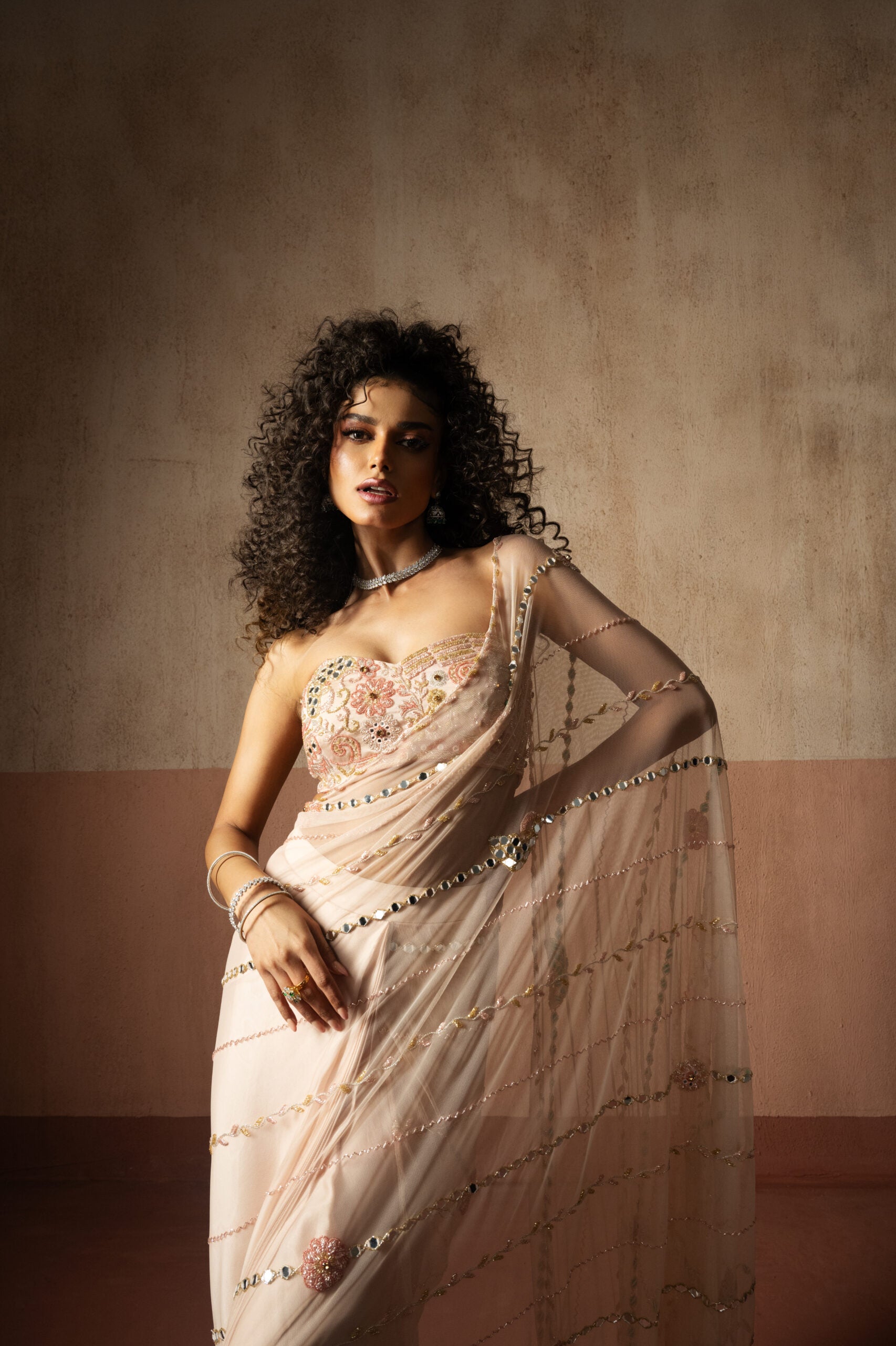 Pre Draped Baby Pink Hand Embroidered Net & Satin Saree image 1