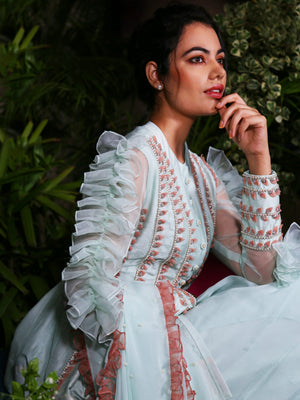 Sea Green Indo Western Saree Set image 1