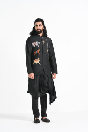 Rajasthani Trotting Animals Nehru With Cowl Hem Drape Kurta Set image 10