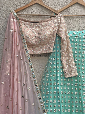 Baby Pink Blouse with Mint Mirror Work Lehenga image 1