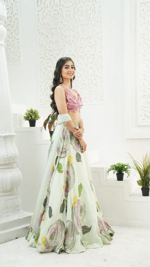 Mint Green hand painted lehenga and Butterfly blouse set image 2