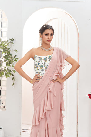 Powder Pink saree and Corset blouse set Mauve ruffle saree and hand painted corset set image 5