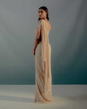 Cream Ruching Detail Saree Set image 3