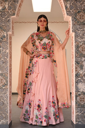 Peach Lehenga Set With Cape image 2