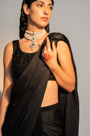 Black Embroidered Drape Saree Set image 2
