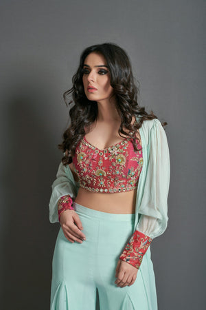 Sea Green and Crimson Red Flare Pant Set image 3