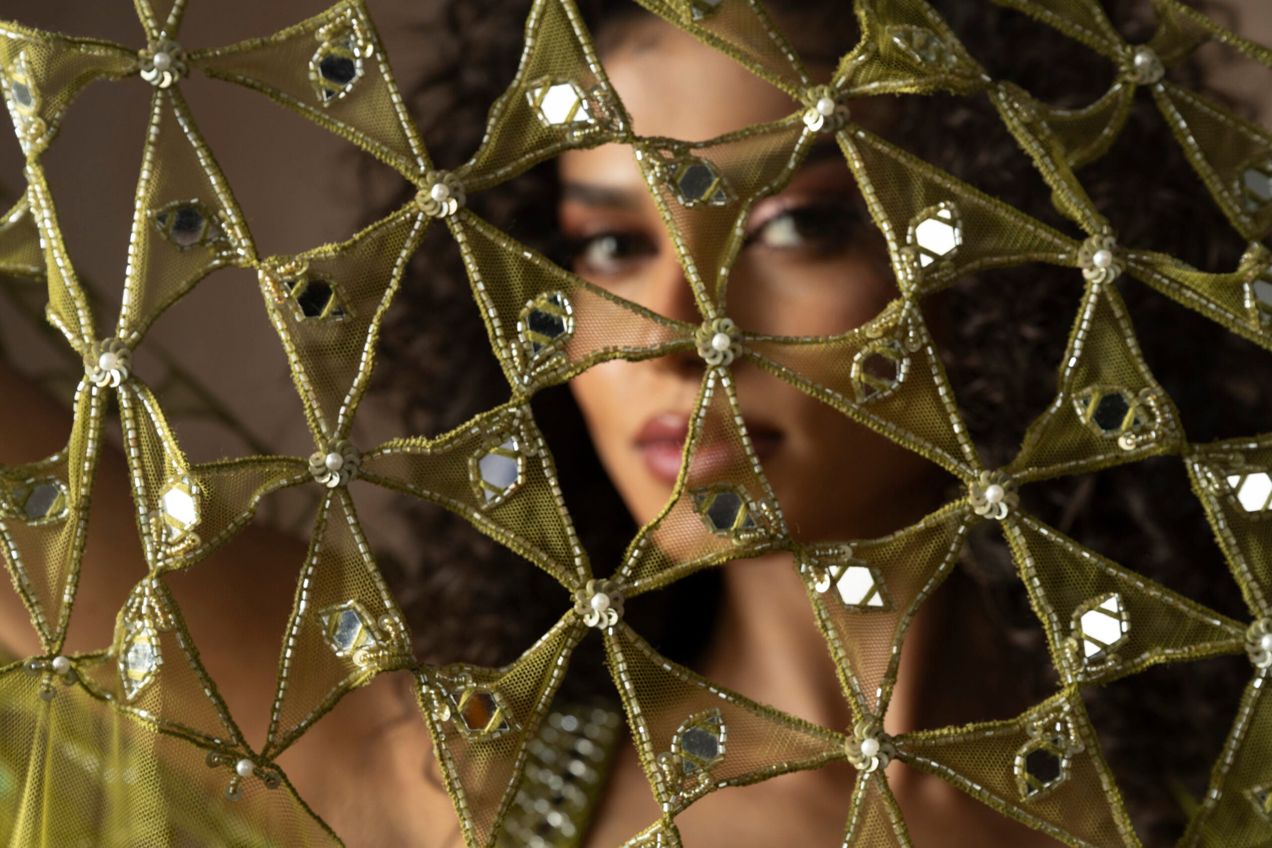 Pre-Draped Mehendi Green Hand Embroidered Net & Satin Saree image 1