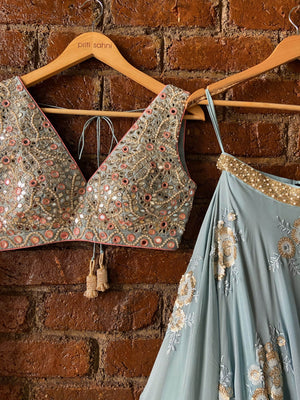 Dusty Blue and Blush Pink Mirror Work Lehenga Set Gown image 4